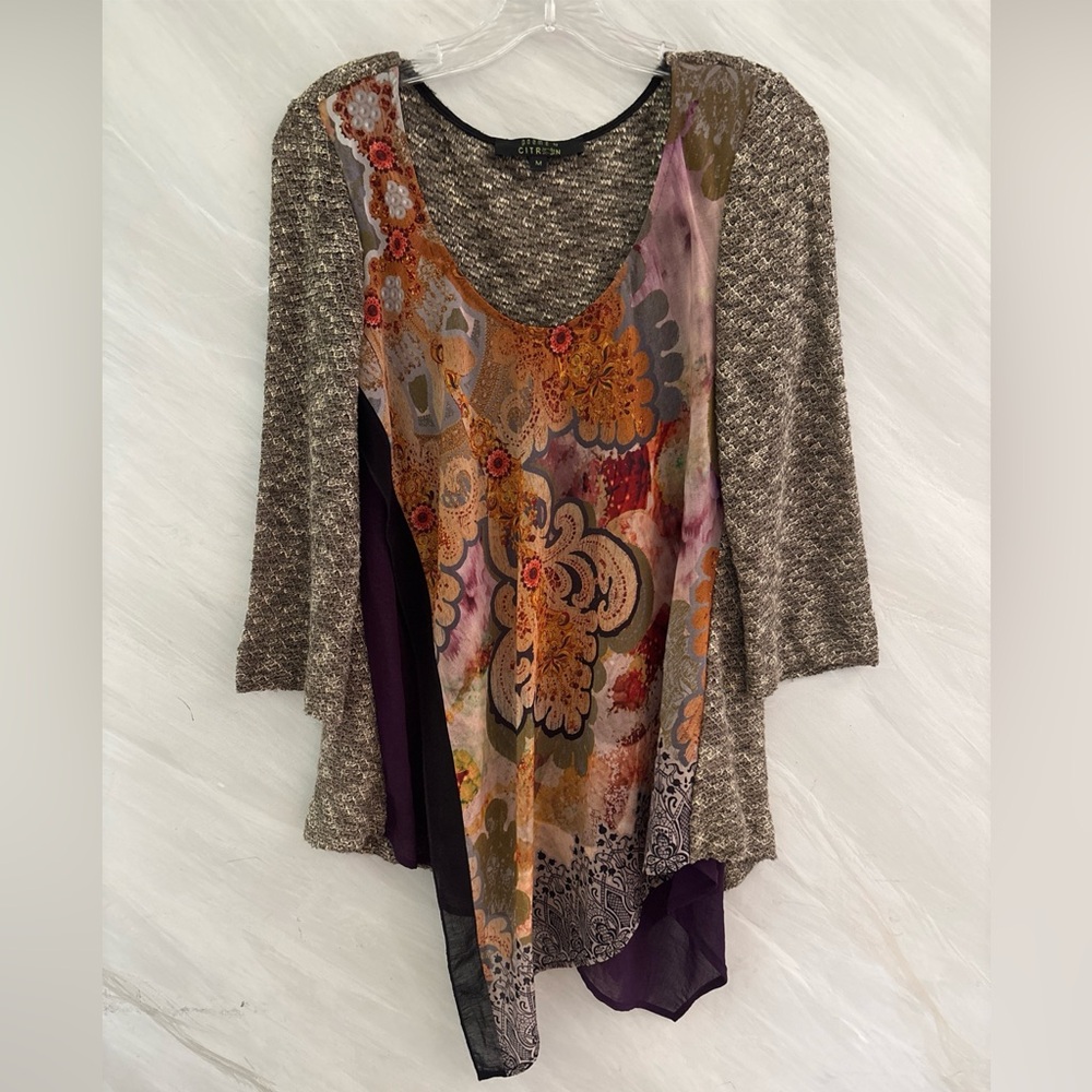 Poeme by Citron M Floral Mixed Media 3/4 Sleeve Boho Artsy Blouse